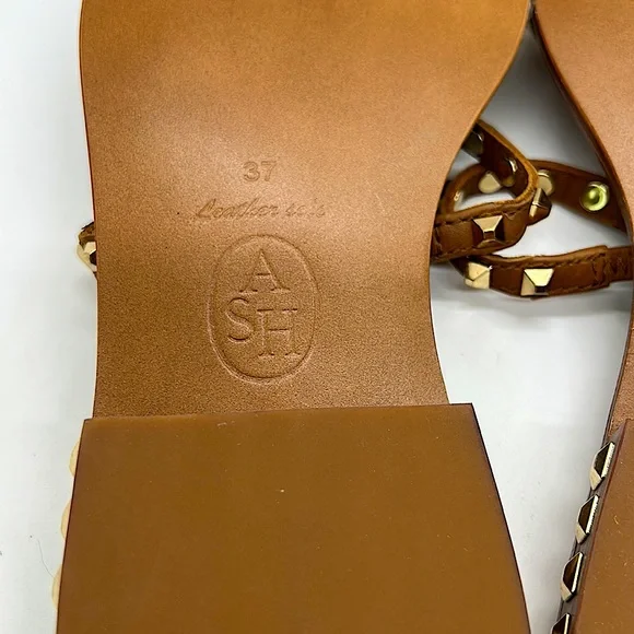 ASH Leather Brown Gold Metal Studded Flip Flop Shoes **Size 37/US Size 6.5-7** - Picture 4 of 5